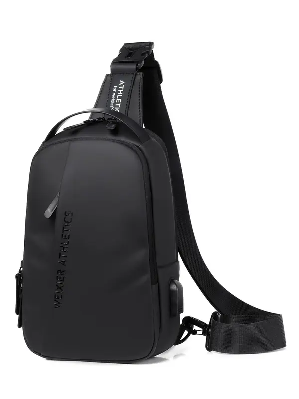 Men's Solid Color Letter Pattern Zipper Chest Bag with Usb Port, Casual Trendy Lightweight Funny Pack, Fashionable Sling Bag ...