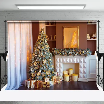 Aperturee Modern Room White Curtain Tree Christmas Backdrop