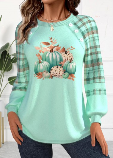 Modlily Striped Mint Green Button Pumpkin Print Long Sleeve Sweatshirt - XXL