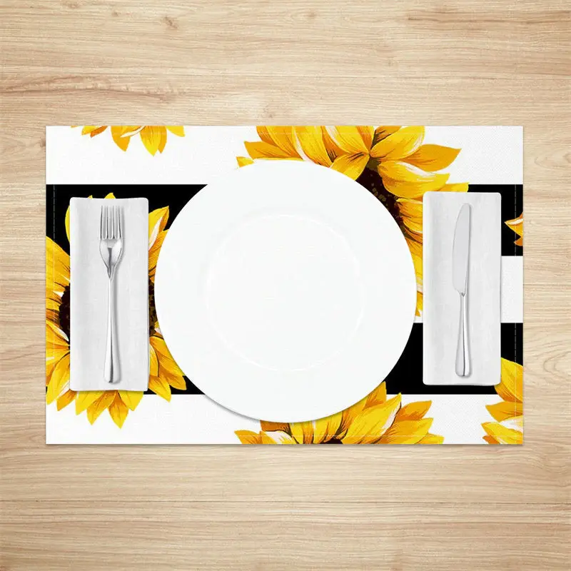 Yellow Sunflower Black Stripe Set Of 4 Placemats - Aperturee