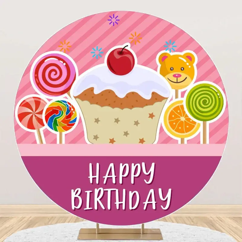 Dark Pink Stripe Candy Cake Round Birthday Backdrop
