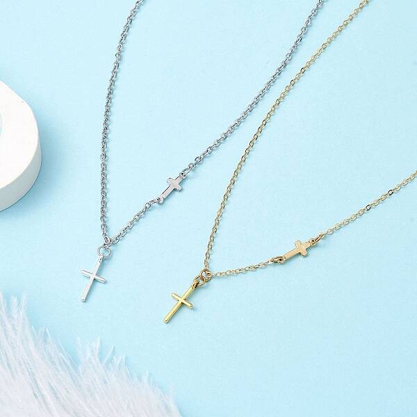 2Pcs 2 Colors Cross 304 Stainless Steel Pendant Necklaces for Women