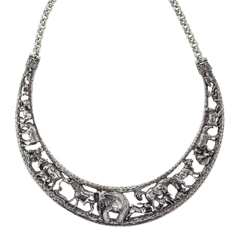 Silver Tone Elephant Collar Necklace