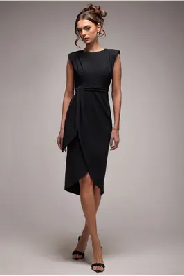 Goddiva Sleeveless Asymmetric Wrap Midi Dress - Black