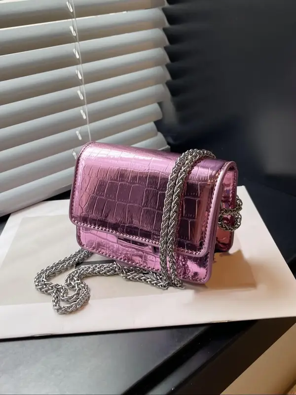 Fashion Summer Chain Strap Crocodile Embossed Crossbody Bag, Women's Trendy Shoulder Bag, Y2k Style Square Bag for Party, Dai...