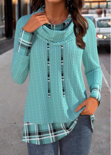Modlily Mint Green Patchwork Plaid Long Sleeve Cowl Neck Sweatshirt - XXL