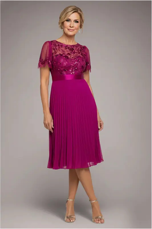 Goddiva Embroidered Top Chiffon Pleated Midi - Magenta