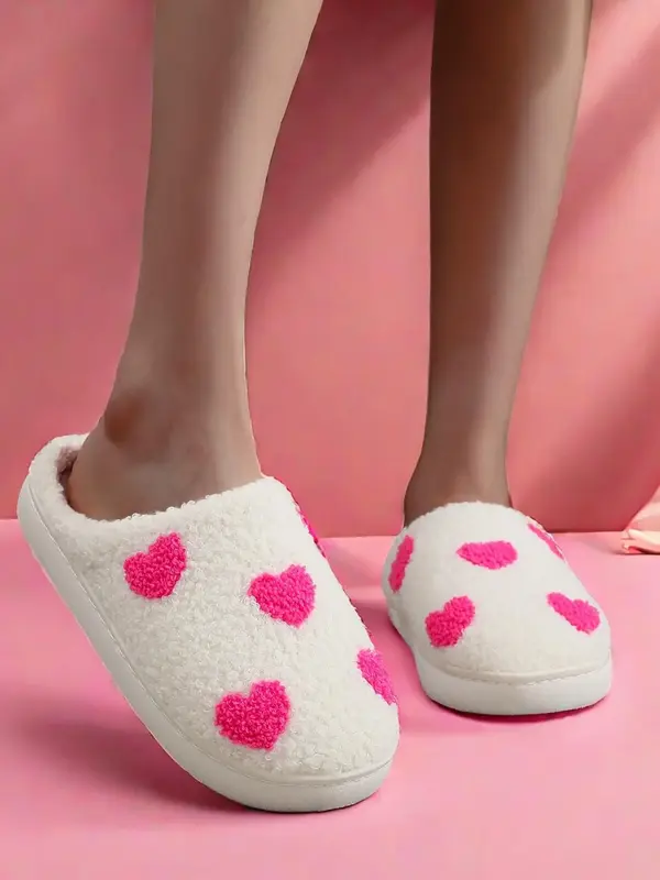 Women's Cute Heart Pattern Plush Slippers, Casual Soft Comfortable Home Slippers, Warm Slippers for Indoor & Outdoor Use for ...