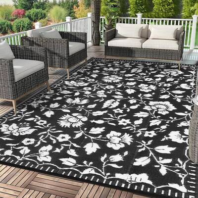 Garvee Floral Outdoor Rug 9x12 Waterproof Vintage Plastic Straw Rug for Patio Backyard Camper Black