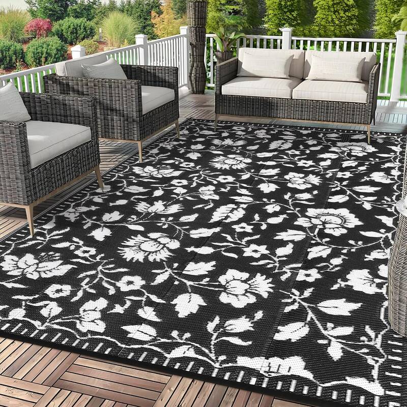 Garvee Floral Outdoor Rug 9x12 Waterproof Vintage Plastic Straw Rug for Patio Backyard Camper Black