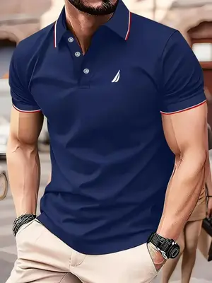 Men's Colorblock Striped Trim Half Button Polo Shirt, Regular Fit Casual Short Sleeve Collared Top for Summer, Fashion Men's ...