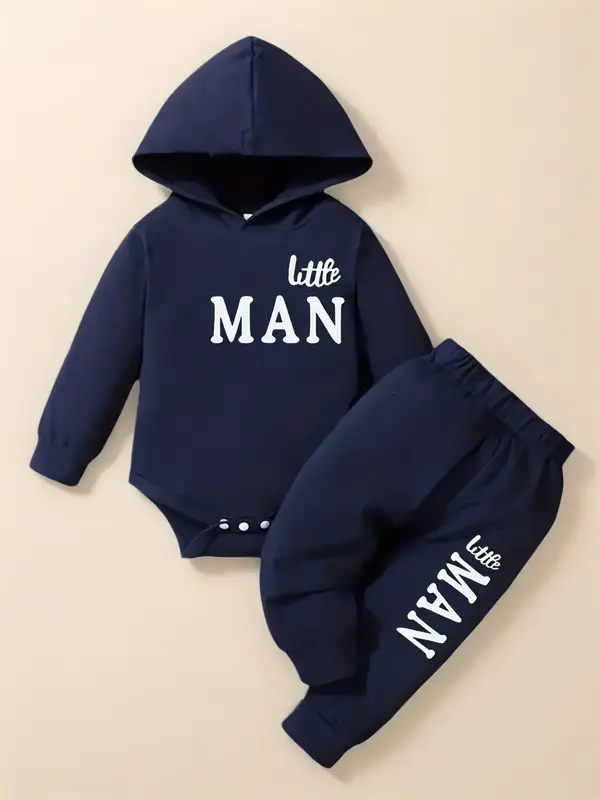 Baby's Letter Print Hooded Bodysuit & Pants Set, Casual Long Sleeve Bodysuit & Pants, Infant Kids Fall & Winter Clothes