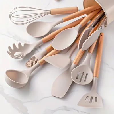 12pcs Silicone Kitchen Cookware Set, Including Non-stick Spatula, Spoon, Egg Beater, Food Tongs, Oil Basting Brush & Colander...