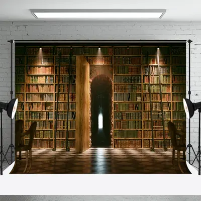 Library Bookcase Arch Vintage Wall Photo Backdrop - Aperturee