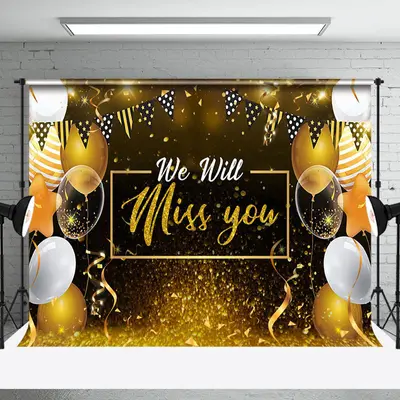 Miss You Glitter Balloons Ribbon Retirement Backdrop - Aperturee
