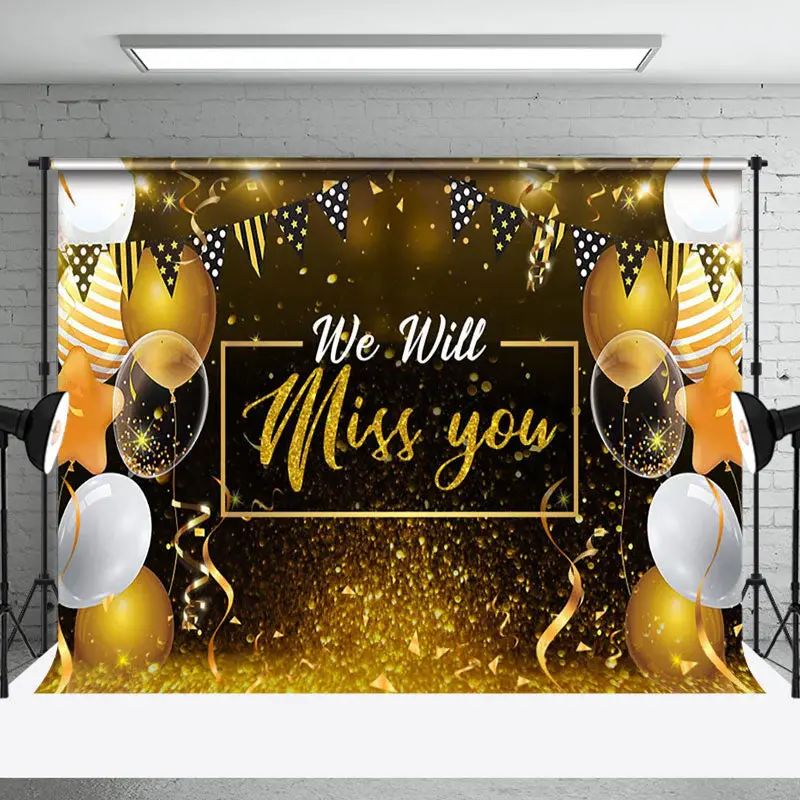 Miss You Glitter Balloons Ribbon Retirement Backdrop - Aperturee