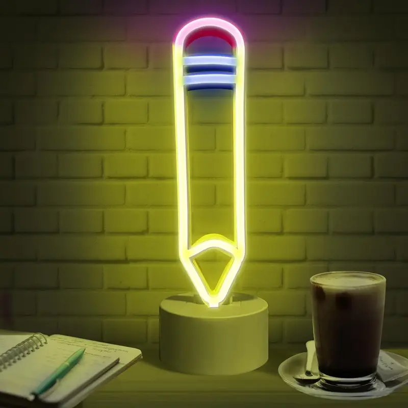Pencil LED Neon Signs - Desk/Table Lamp with Stand for Bedroom, Study Room, Game Room - USB/Battery Powered Pencil Neon Light...