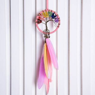 Tree of Life Wrapped Natural Gemstone Chips Woven Web/Net with Feather Decorations