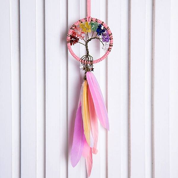 Tree of Life Wrapped Natural Gemstone Chips Woven Web/Net with Feather Decorations