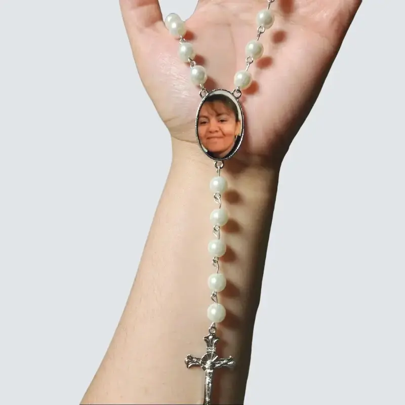 Personalized Rosary with Memorial Photo Dainty Cross Necklace Religious Beaded Jewelry for Daily Wear Classic Colors