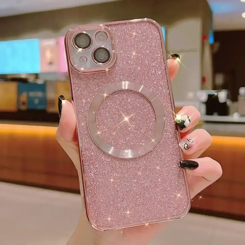 Glitter Magnetic Plating Phone Case, Decorative Protective Cover Compatible With iPhone 11 12 13 14 15 Pro Max 15 Plus, Pho...
