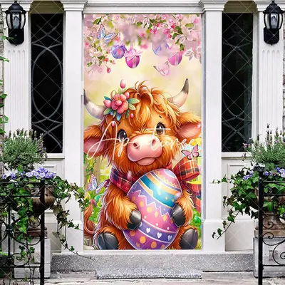 Aperturee Spring Color Floral Brown Cow Eggs Easter Door Cover, 30x80 Inch, 28.48 USD, easter door covers, ANML089A-A