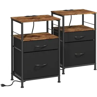 WLIVE Nightstands Set of 2, Night Stand Set 2 with Charging Station, Bedside Tables for Bedroom, Side Table with 2 Fabric Dra...