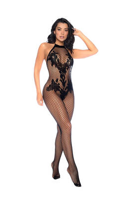 Vino Noir Floral Fishnet Bodystocking - Os - Black