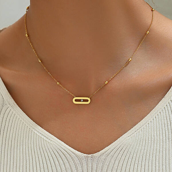 Bohemian Style Stainless Steel Rhinestone Oval Rectangle Pendant Necklaces for Women