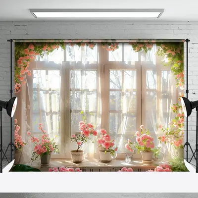 Pink Floral Warm Sunshine Window Photo Backdrop - Aperturee