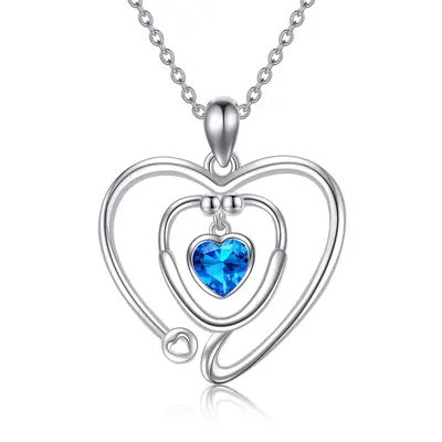 Sterling Silver Cubic Zirconia Personalized Birthstone & Heart & Stethoscope Pendant Necklace