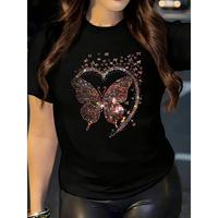 Cotton Short Sleeve  T-Shirt Chic Valentine's Day Butterfly Heart Print Casual T-Shirt for - Soft Polyester, Crew Neck, Short...