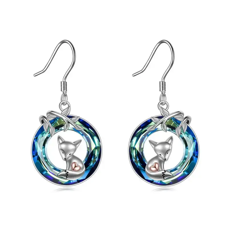 Sterling Silver Two-tone Crystal Fox Drop Earrings