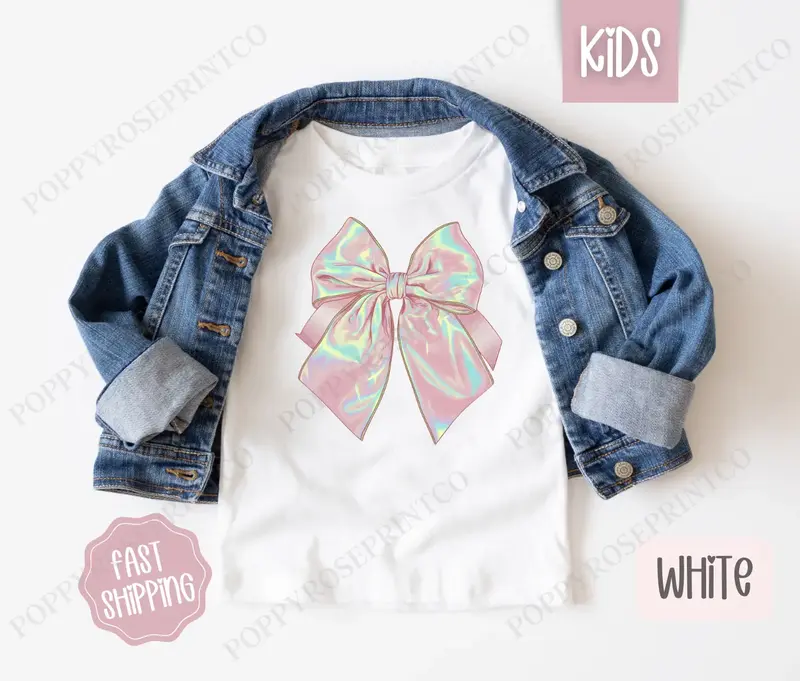 Iridescent Coquette Bow Kids Shirt, Bow Children's Shirt, Cute Youth Tee Gildan
