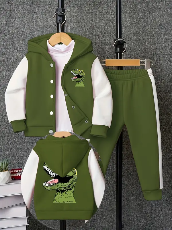 Boys' Fall & Winter Cartoon Dinosaur Hooded Jacket Set, Comfortable Casual Pants, Fitted Moderate Fabric, School Style Fashio...