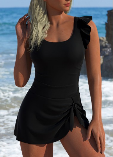 Modlily Black Ruffle Tie One Piece Swimdress - XL