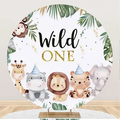 Cute Animals Green Leaves Round 1st Birthday Backdrop - Aperturee
