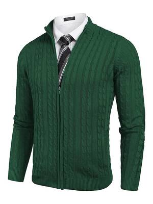 Cardigan Knitted Zip Up Sweater with Pockets (US Only), Green / XXL