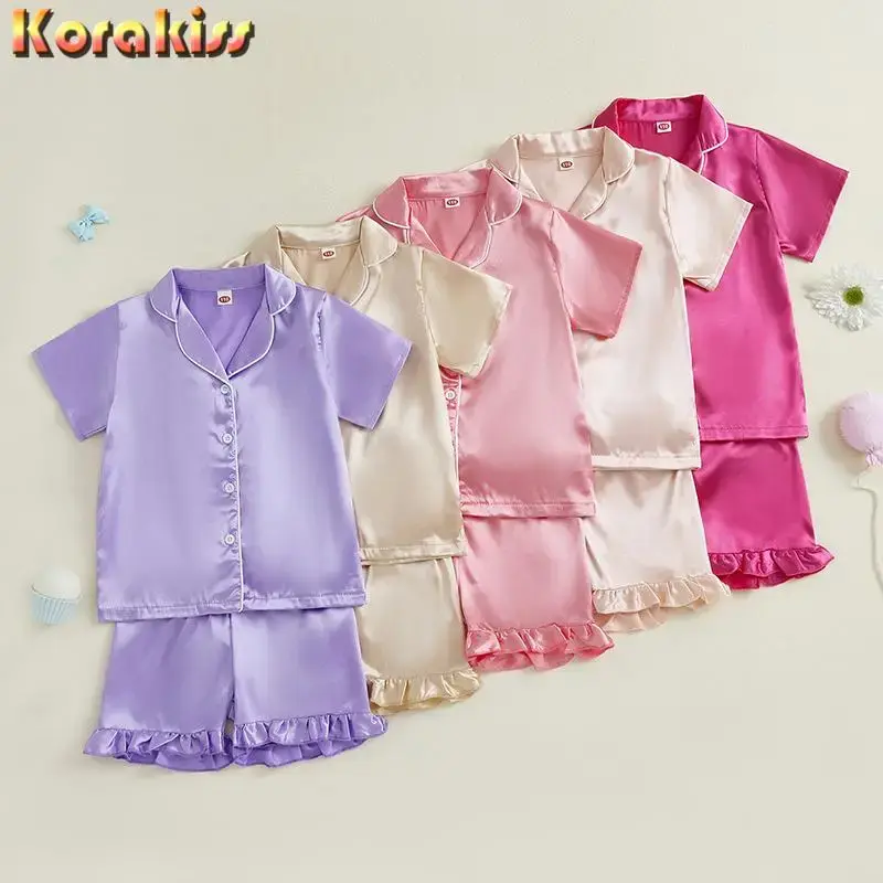 Toddler Baby Girl Summer Pajamas Set Button Down Lapel V Neck Short Sleeve Tops& Ruffled Shorts Solid Lounge Wear 2 Pcs Set