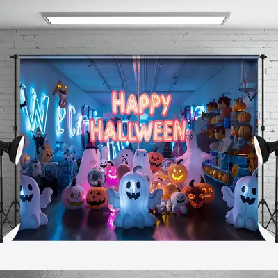 Indoor Room Ghosts Neon Happy Halloween Backdrop