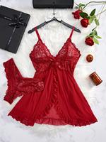 Women's Minimalist Contrast Lace Ruffle Hem Loungewear Set, Sleeping Beauty Sexy Comfort Backless Cami Nightdress & Lace Pant...