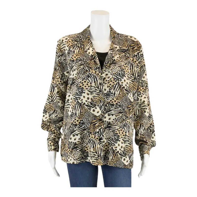 NATATIONS Blouse Brown 90s Collared Animal Print Long Sleeve Womens M