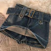 Denim Mini Skirts Vintage Women Summer Y2K Solid Belt Sexy Jeans Skirts Female Casual Ball Gown Korean Slim A Line Street Ski...