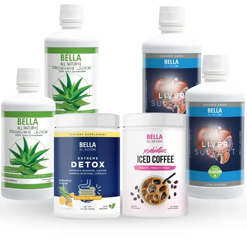Bella All Natural Probiotics Kit ( 2 Liver Support Liquid,  2 Aloe Vera Liquid,  1 Colon Cleanse Powder (piña/pineapple flav...