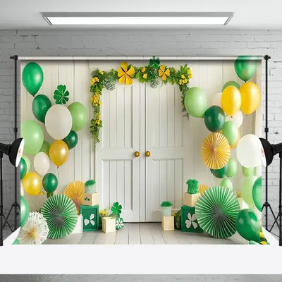 Aperturee Green Balloons Clover White Wood Door Photo Backdrop, 3X2FT(1MX0.6M), 14 USD, ZHF344A-M, st patricks day backdrops