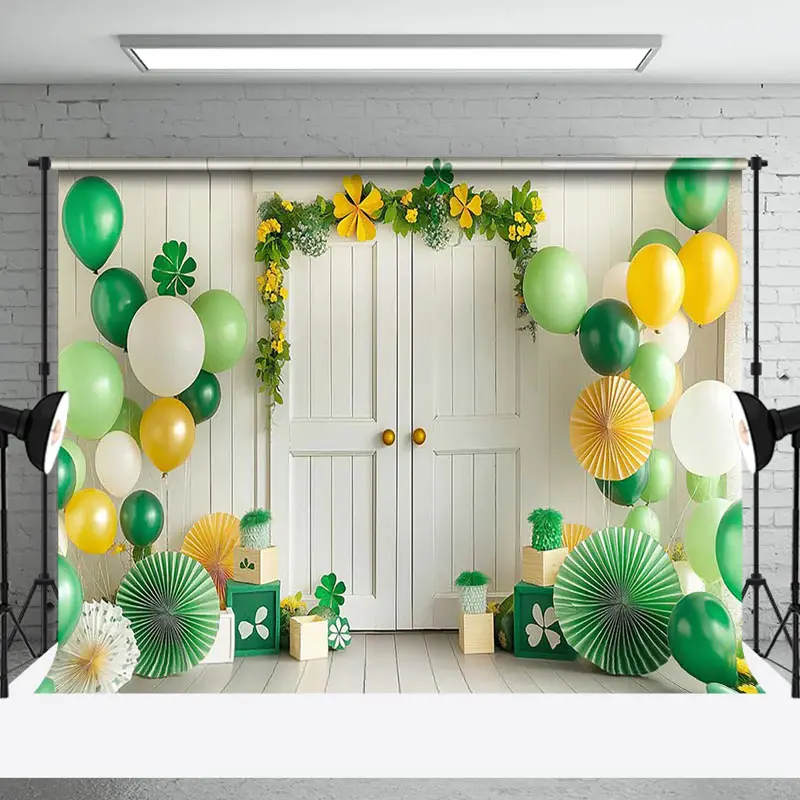 Aperturee Green Balloons Clover White Wood Door Photo Backdrop, 3X2FT(1MX0.6M), 14 USD, ZHF344A-M, st patricks day backdrops