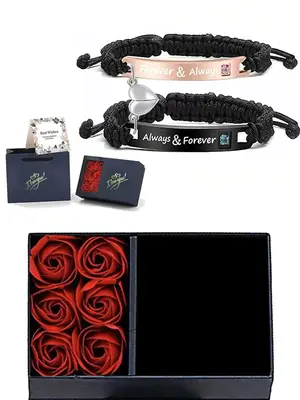 Couple Rhinestone Decorated Magnetic Heart Charm String Bracelet with Rose Gift Box, Fashionable Jewelry for Women & Men, Tre...