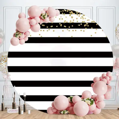 Aperturee White And Black Stripes Glitter Round Birthday Backdrop