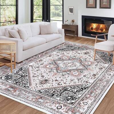 Garvee Washable Area Rug 8x10 Bohemian Rug Soft Low-Pile Washable Rug with Non-Slip Backing, Grey Plant Floral Pattern Vintag...