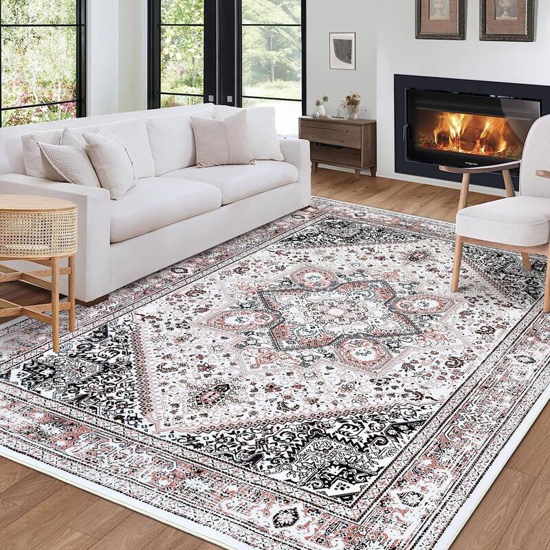 Garvee Washable Area Rug 8x10 Bohemian Rug Soft Low-Pile Washable Rug with Non-Slip Backing, Grey Plant Floral Pattern Vintag...